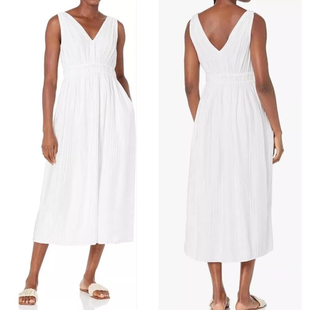 Vince White Double V-neck Sleeveless Pleated Midi Dress 20814